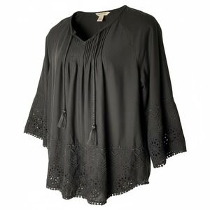 Bass Womens Blouse Medium Cottagecore Peasant‎ Top Embroidered Boho Romantic EUC